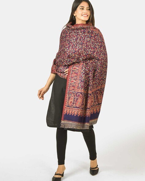 Women Floral Woven Shawl with Tassels Price in India