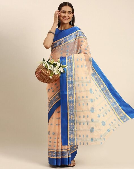 Tant Cotton Jamdani Woven Saree - Blue – Phulari