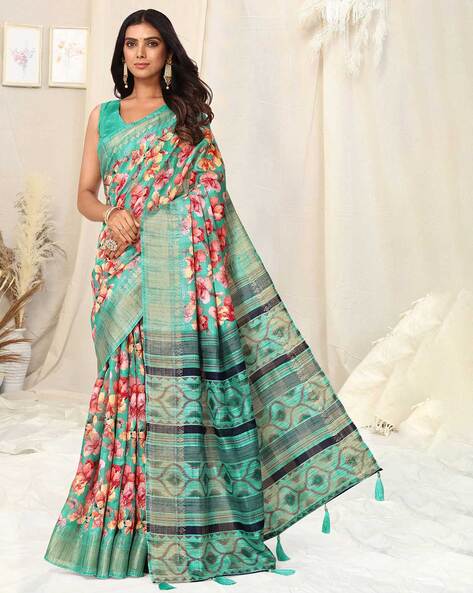 Olive Green Floral Printed Saree Set