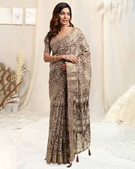 Women Plain Weave Chiffon Mix Leaf and Floral Printed Saree with Blouse  Piece – Mirchi Fashion