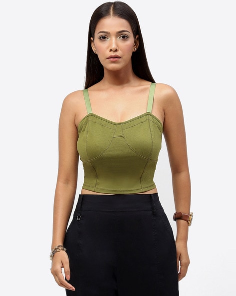 Girls Olive Ribbed Strappy Corset Top