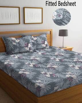 300 TC Floral Print Super King-Size Fitted Bedsheet with Pillow Covers-image-39