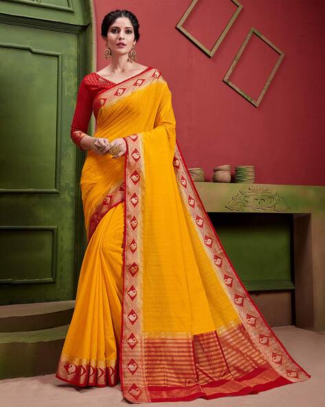 Yellow Saree With Red Banarasi Border | Drape Divaa