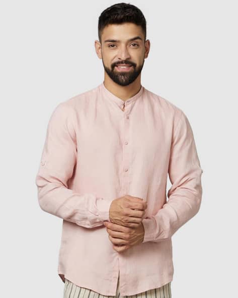 Men Mandarin Collar Linen Shirt with Full Sleeves