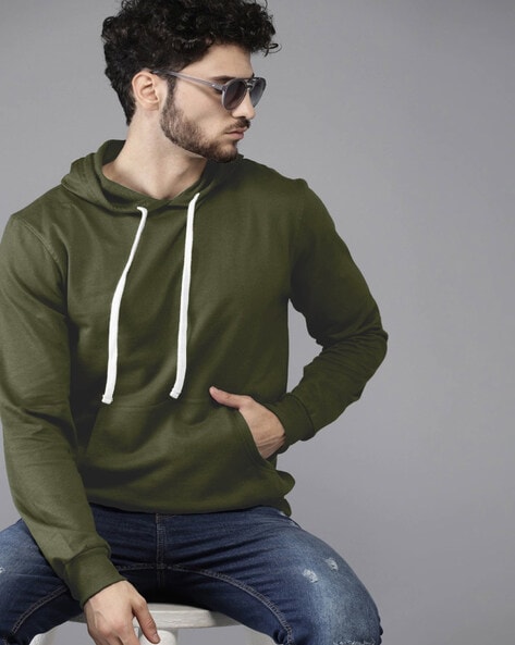 Full Sleeves Olive Green Mens Woolen Hooded Sweatshirt at Rs 500