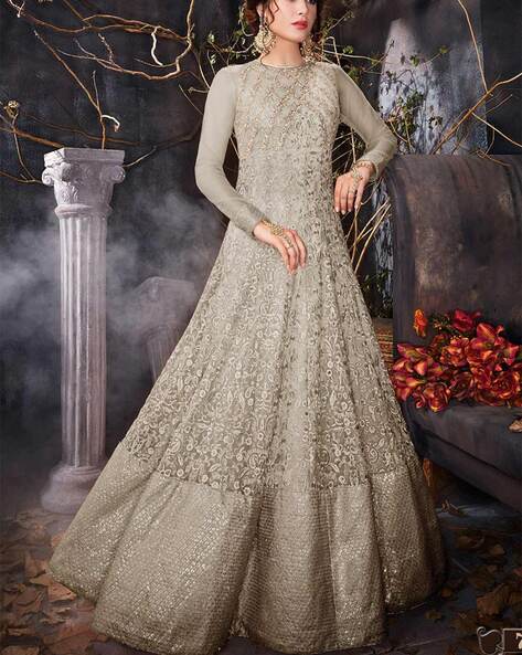 Embroidered semi clearance stitched anarkali suit