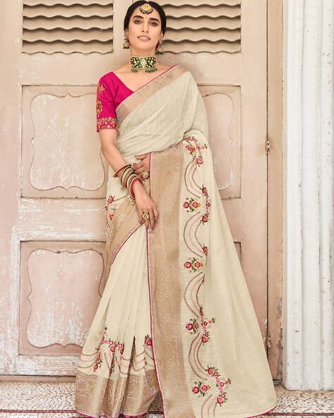 Benzer off white raw silk sarees with blouse piece|WO-SS-244 – Benzerworld