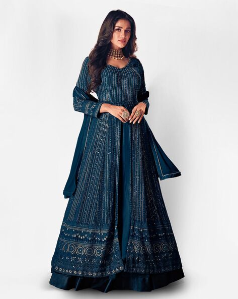Embroidered Semi-Stitched Anarkali Dress Material Price in India