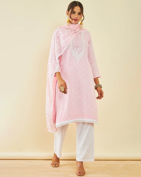 Soch Pink Organza Embroidered Unstitched Dress Material with Zari Details