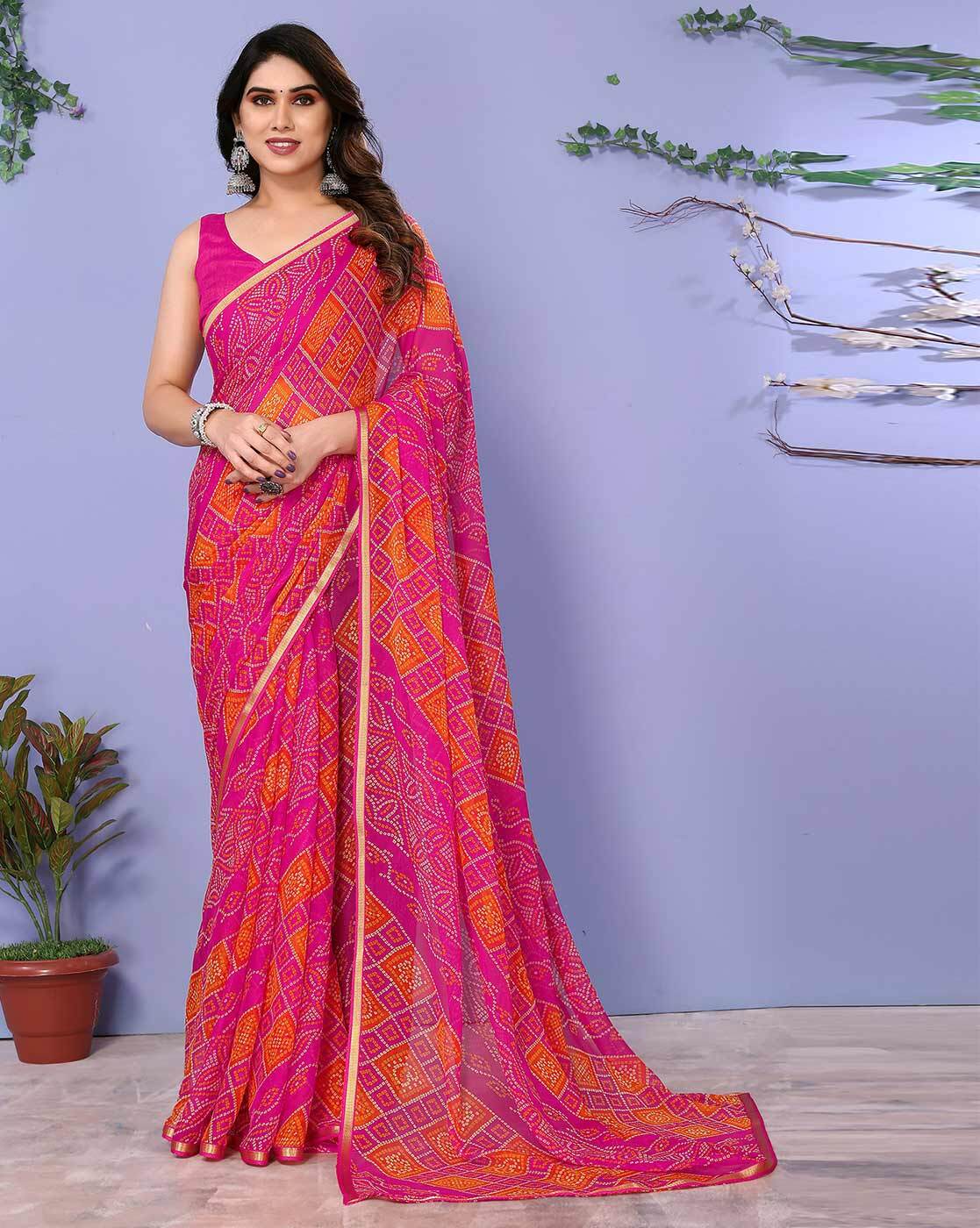 Rani pink color bandhani print satin fabric saree with embroidery sequins  work lace and blouse with waist belt