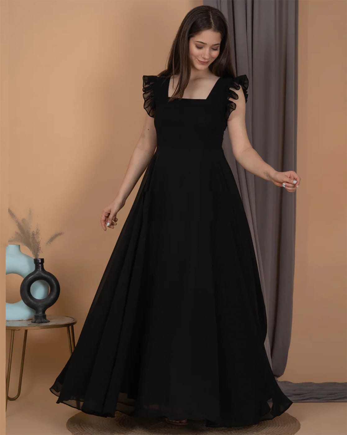 Black Solid Pleated Party Gown with Embroidered Belt - M | Party gowns,  Gowns, Embroidered belt