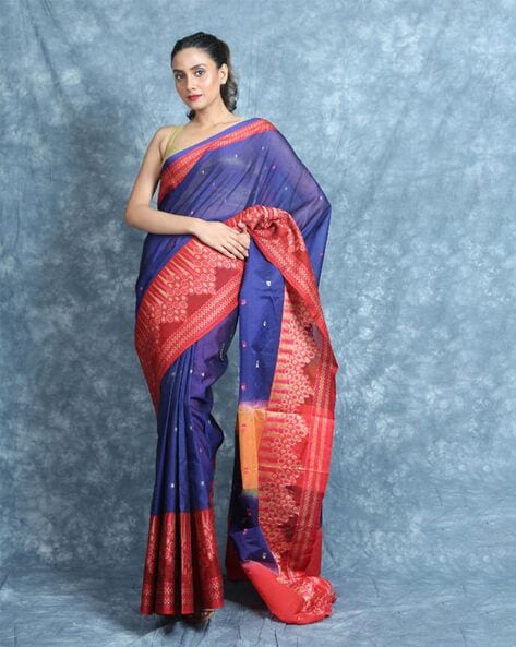 CHARUKRITI Blue & Pink Silk Woven Saree With Unstitched Blouse