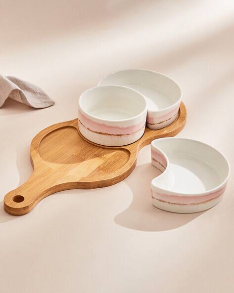Set of Porcelain Snack Bowls with Bamboo Tray