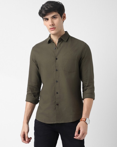 Spread-Collar Shirt with Patch Pocket