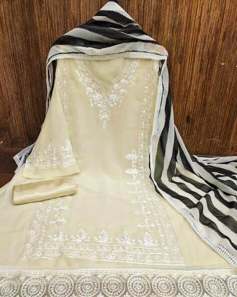 Women's Lakhnavi Handcrafted White Cotton Chikankari Suit Material- HO