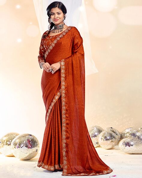 Rust Color Trendy Festive Look Border Work Art Silk Saree