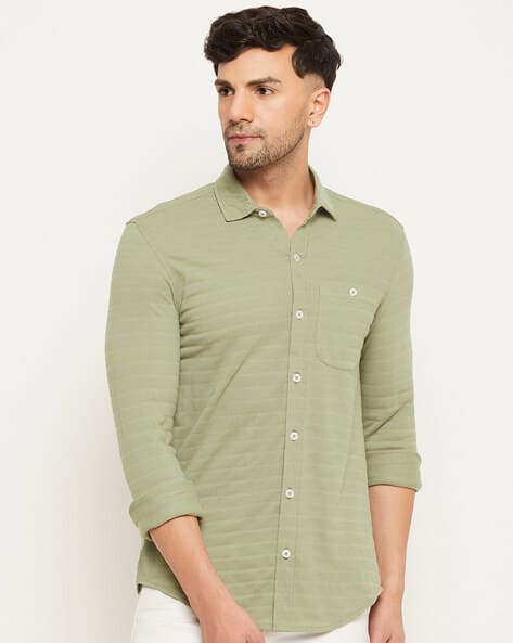 CLUB YORK Striped Shirt with Patch Pocket & Curved Hem