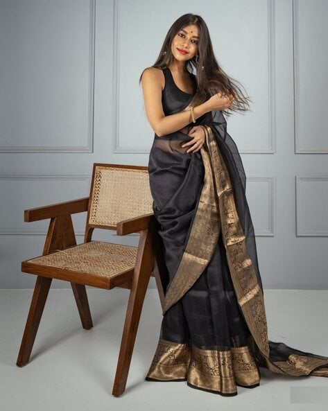 Wide Antique Golden Border Linen by Linen Saree in Black – Shobitam