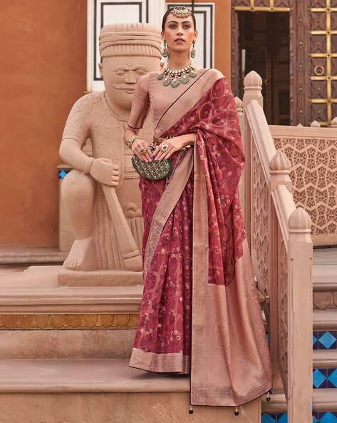 Best embroidered cream color dola silk saree with a maroon blouse