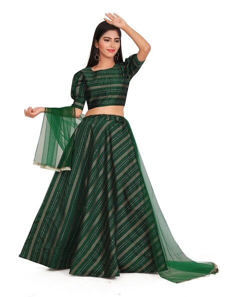 Buy Forest Green Crop Top In Raw Silk With Tea Green Georgette Lehenga  Online - Kalki Fashion