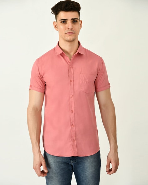 Mens coral short sleeve dress shop shirt