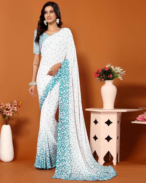 Sky Blue And White Stripes Pattern Digital Print Kota Doria Saree With –  Fabcurate