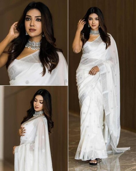 Buy online Women's Self Design White Colored Saree With Blouse from ethnic  wear for Women by Charukriti for ₹1999 at 41% off | 2024 Limeroad.com