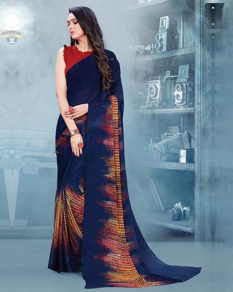 Elegant Navy Blue Color Silk Base Printed Saree With Contrast Blouse