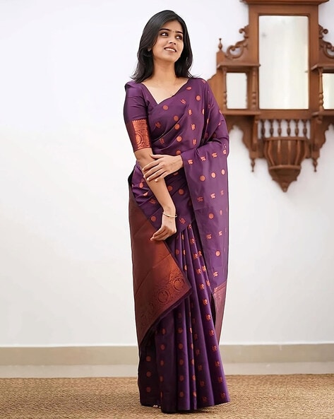 Silk Linen Plain Saree Blue Colour with contrast border and attached  Running Blouse Violet Purple colour saree (Any Colour  Customizable)-Indiehaat – Indiehaat.com