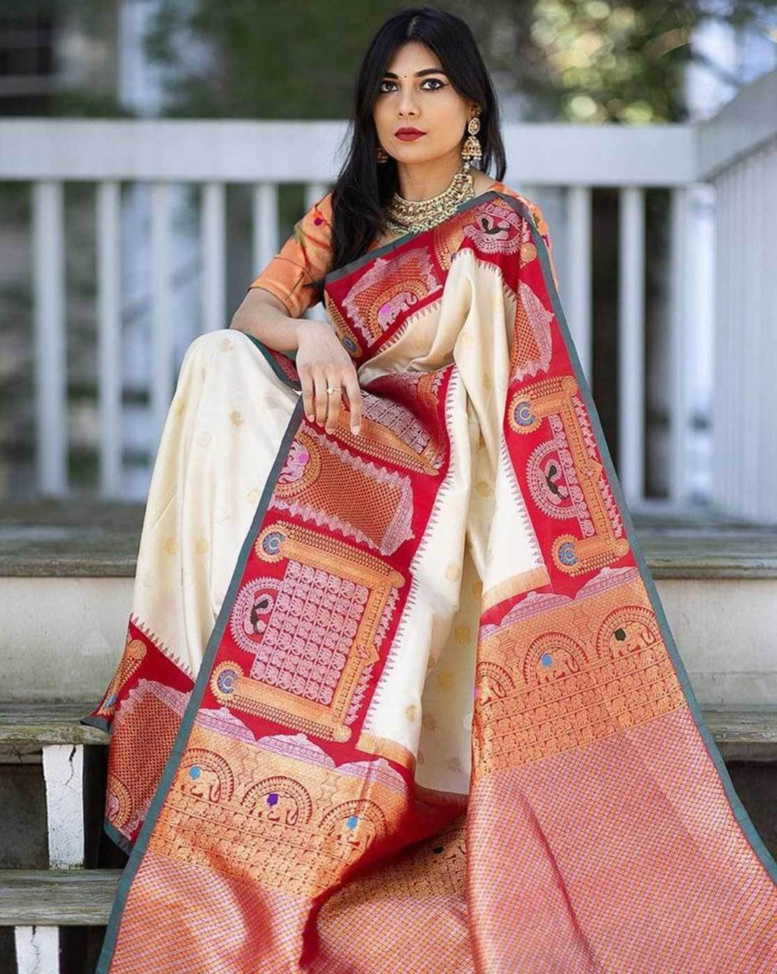 Kanjivaram Silk Saree in Cream and Red at Rs 6455 | Kanchipuram Sarees in  Kolkata | ID: 18959697588