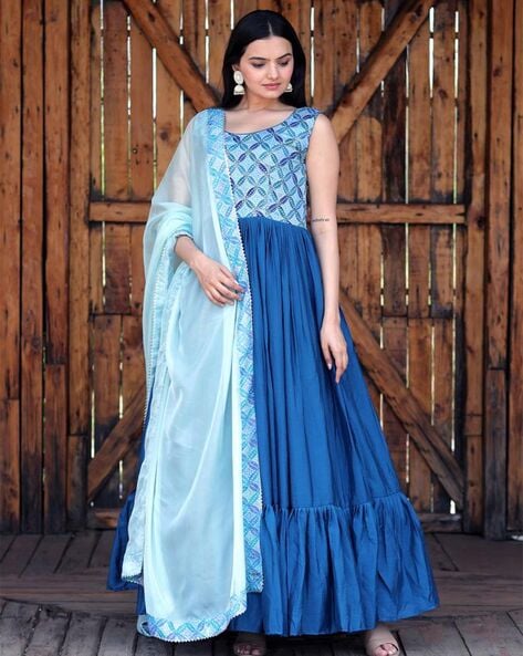Blue Viscose Lace and Print Work Indian Gown Buy Online -