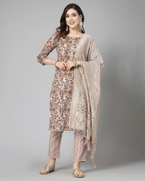 Floral Print Straight Kurta with Pants & Dupatta