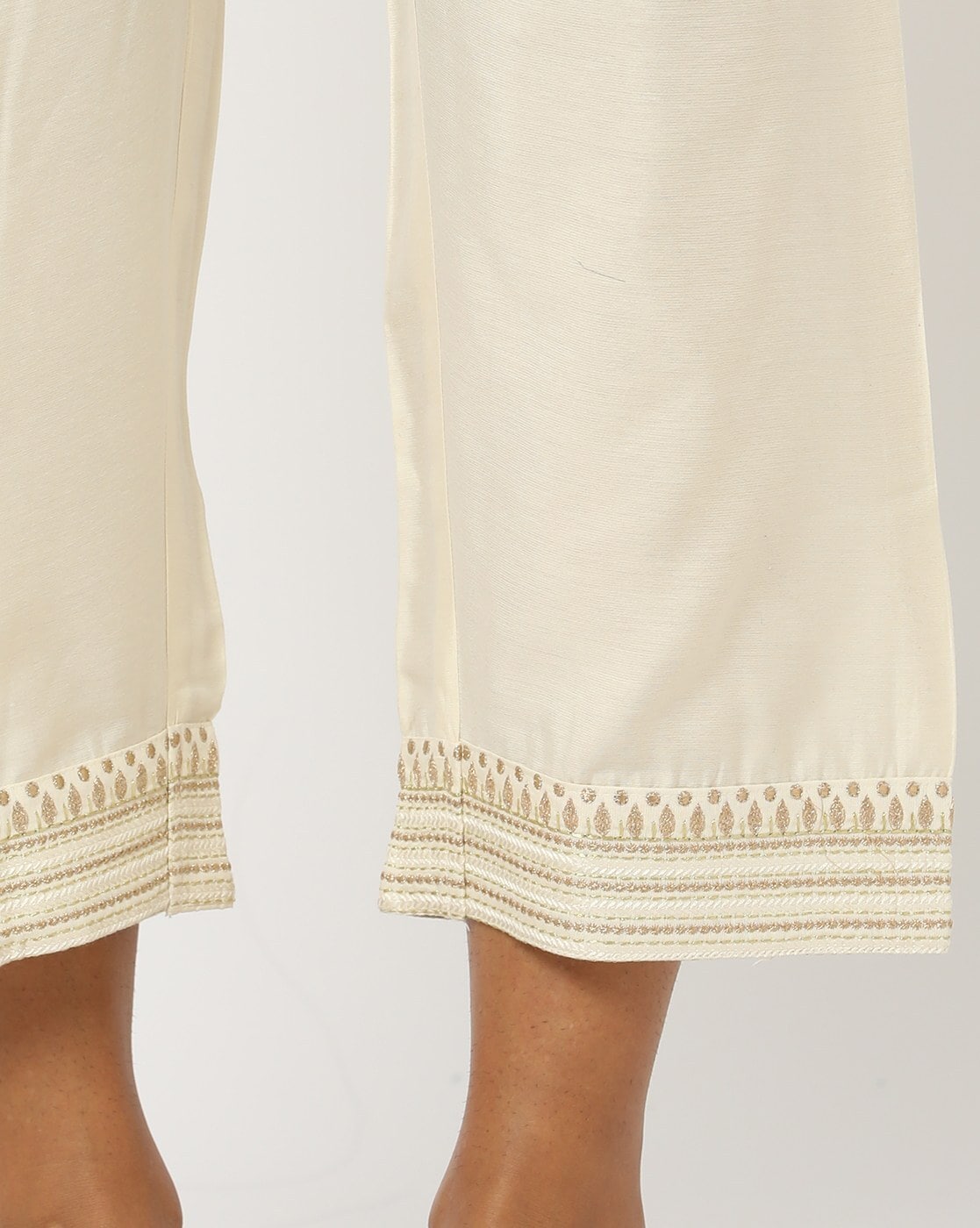 Straight Pants with Embroidered Hem