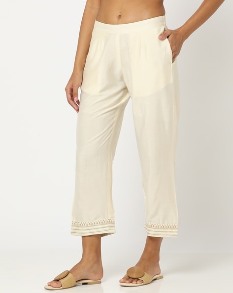 Straight Pants with Embroidered Hem Price in India