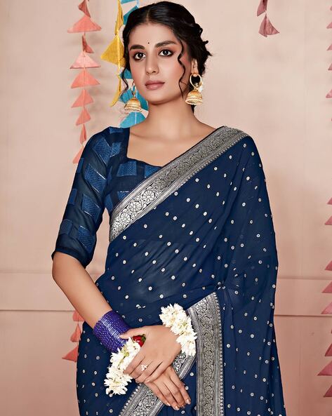 Vishal Prints Ink Blue Chiffon Saree With Diamond Work And Fancy Zari