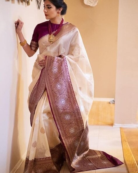 New Designer Cream Color Wedding Silk Saree online