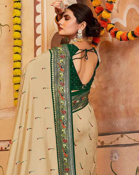 New Ethnic Cream Satin Silk Saree With Contrast Dark Green Blouse