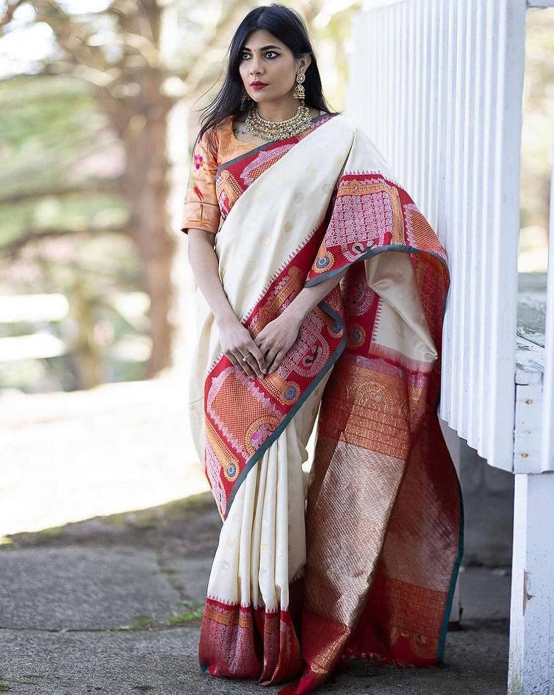 Woven Art Silk Saree in Off White and Red : SSF22728