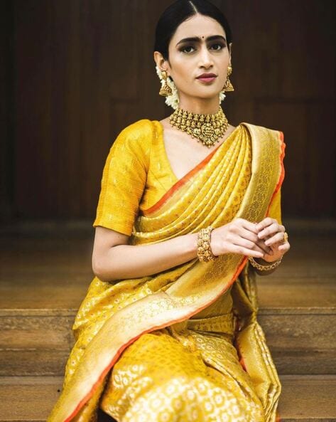 Semi Tussar Embroidered Mango Yellow Saree – Kumaran Silks