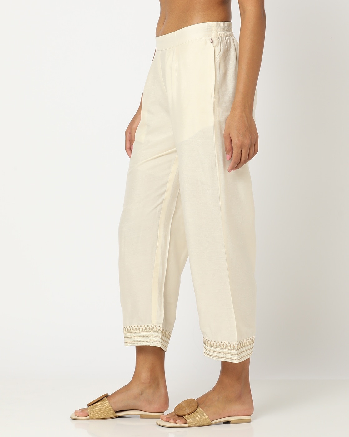 Straight Pants with Embroidered Hem