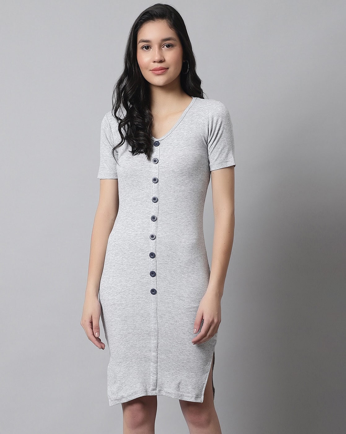 Odette Women Grey Printed Velvet With Lycra Solid Stitched Dress