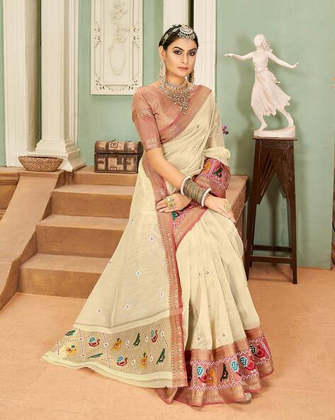 Buy Satrani Cotton Linen Blend Cream Color Saree with Blouse piece | sarees  for Women| saree | sarees Online at Best Prices in India - JioMart.