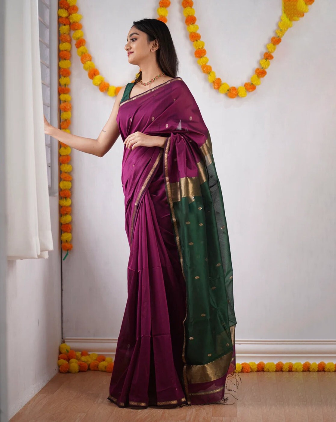 Kanjivaram Purple Silk Saree with Tiratchai Green – Muhurth