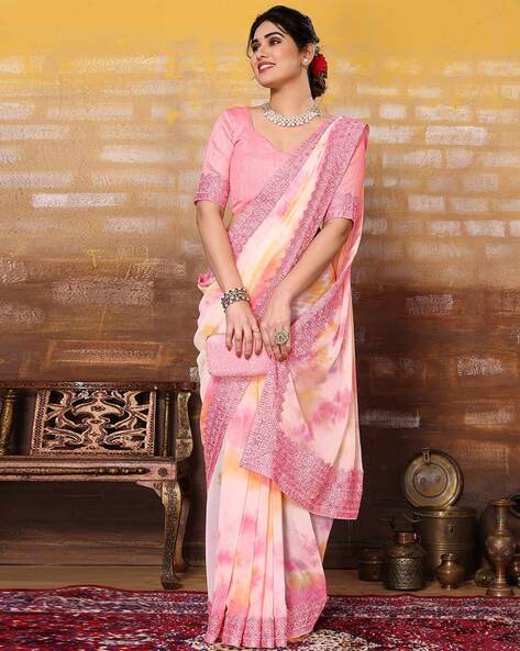 Women Peach Pink Tie Dye Lehenga Drape Ruffle Saree with Blouse Piece–  Inddus.in