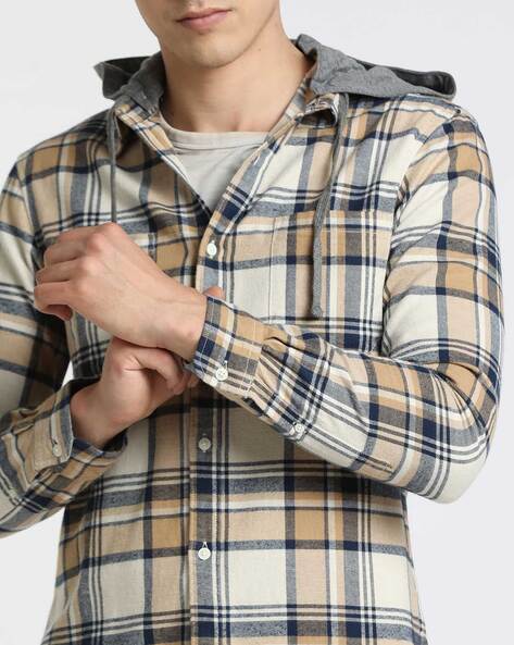 Checked Regular Fit Shirt with Attached Hoodie