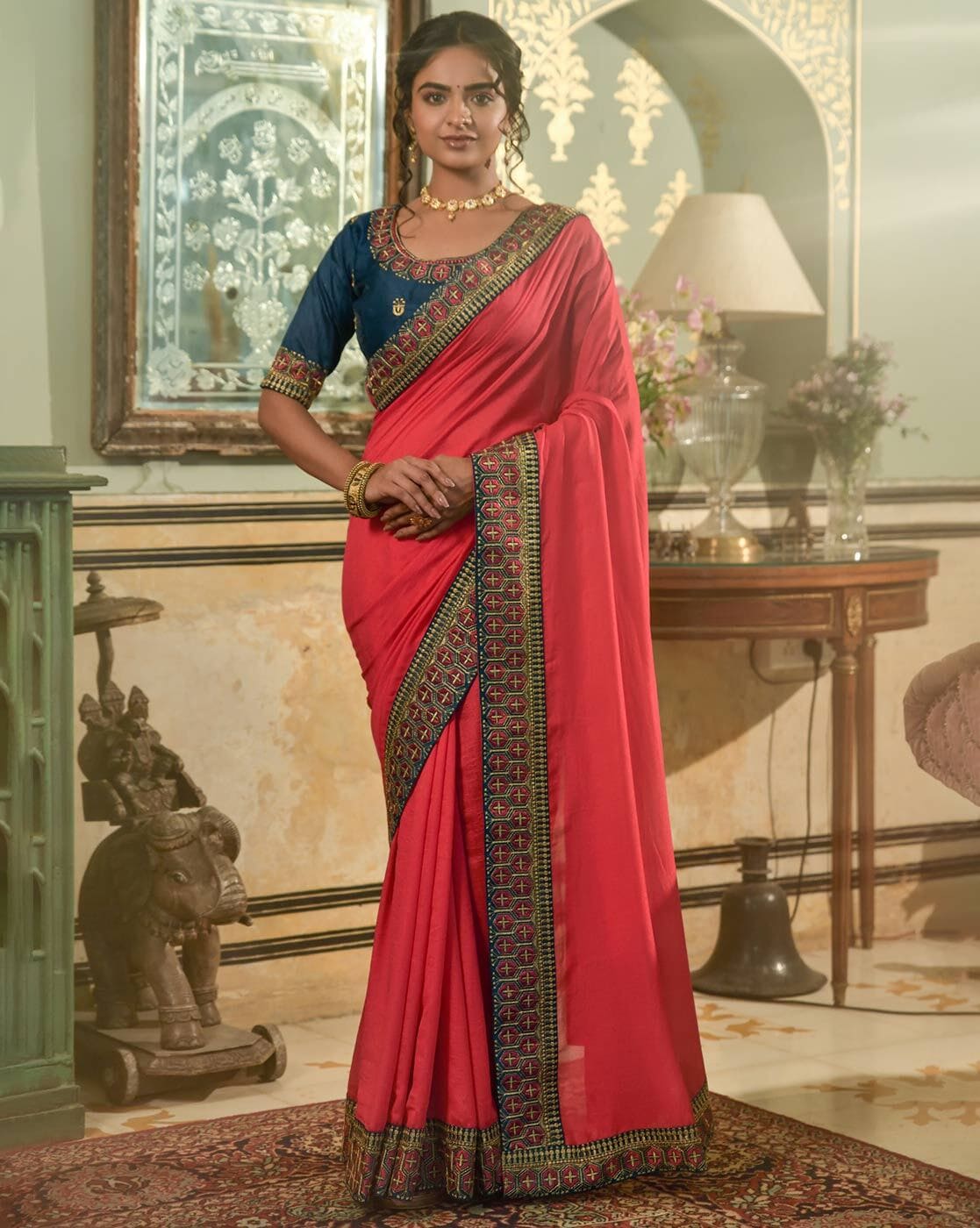 New designer red color contrast blouse with saree.