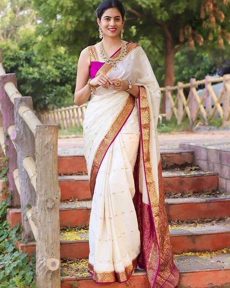 White Pure Banarasi Handloom Katan Silk Saree - Aura Benaras