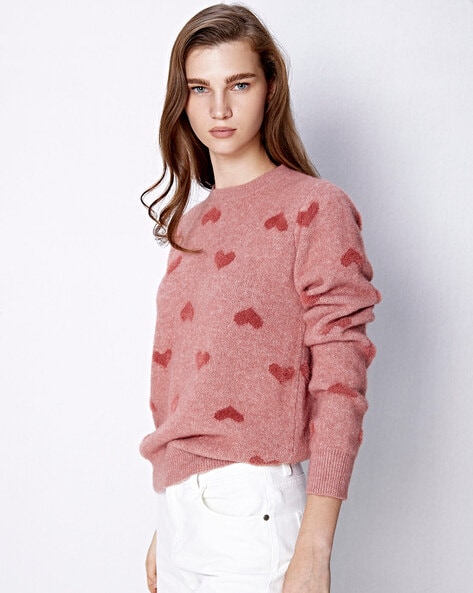 Women Heart Knit Round-Neck Pullover