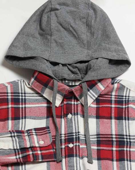 Checked Regular Fit Shirt with Attached Hoodie