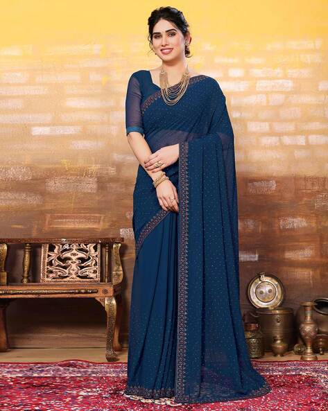 Buy Blue Floral Georgette Designer Saree Online At Zeel Clothing